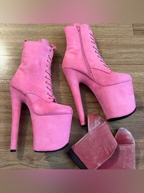 Pink Platform Lace-Up High Heel Boots